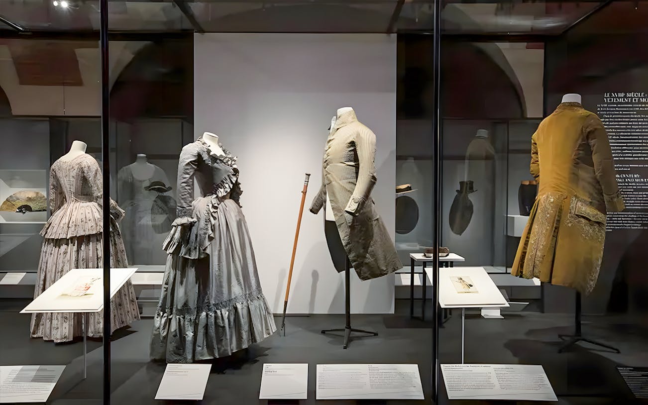 Palais Galliera fashion exhibit showcasing vintage dresses in Paris, France.