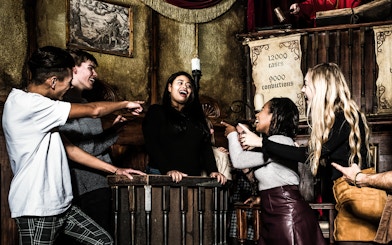 Participants in a mock trial at The Council of Blood play, Amsterdam Dungeon.