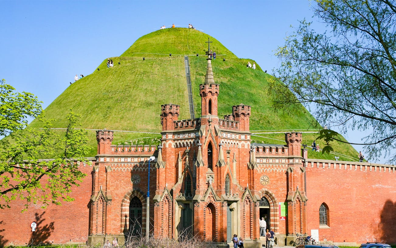 Kościuszko Mound entrance with red brick fortification in Krakow, Poland.