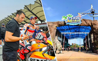 Motorcycle racer at Petronas Grand Prix Malaysia 2023; entrance to SplashMania Waterpark.