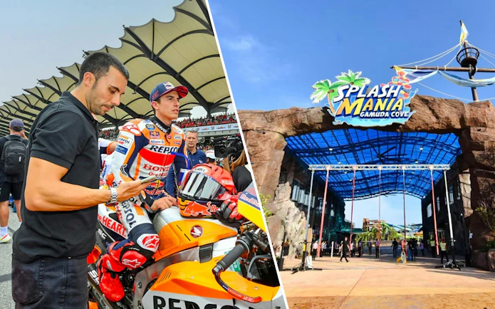 Motorcycle racer at Petronas Grand Prix Malaysia 2023; entrance to SplashMania Waterpark.