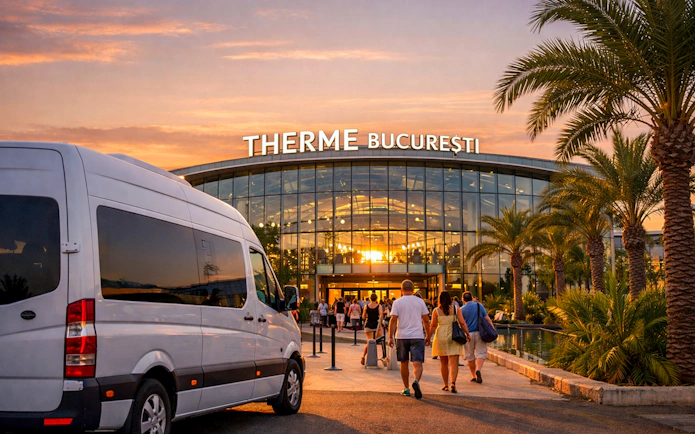 Therme Bucharest entrance with visitors and transfer van at sunset.