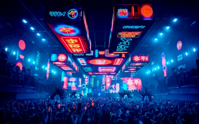 Crowd at UNVRS David Guetta Galactic Circus in Ibiza with neon lights and vibrant displays.