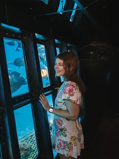 Tourist viewing marine life through semisubmersible windows at Moore Reef, Great Barrier Reef, Australia.