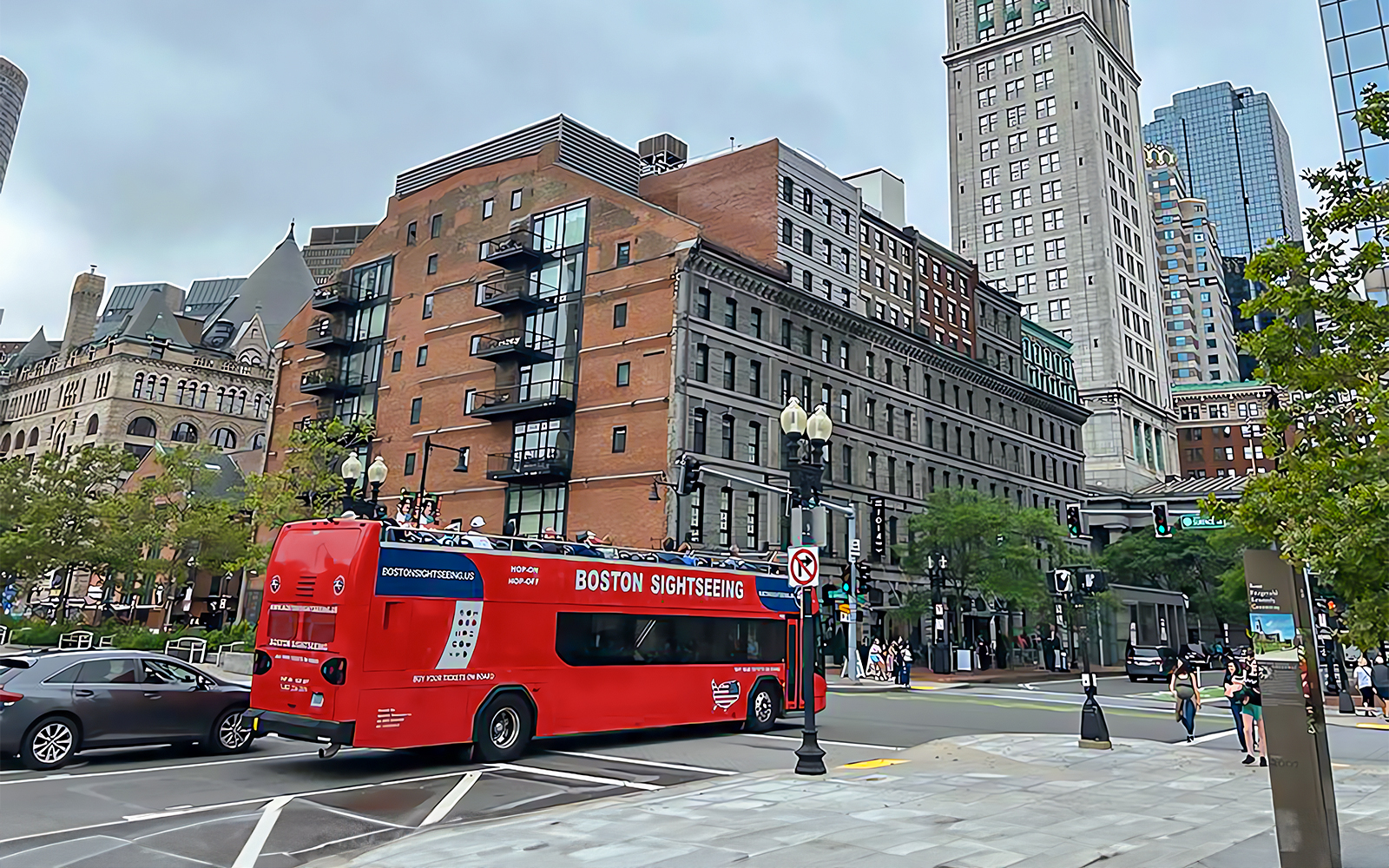 Sightseeing bus cruising through Boston