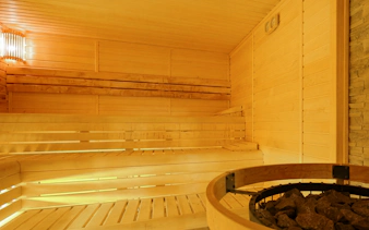 Wooden sauna interior at Dandar Spa with seating and heater.