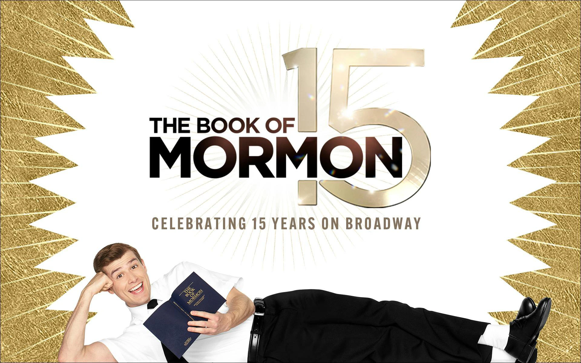 The Book of Mormon 15th anniversary Broadway celebration poster.
