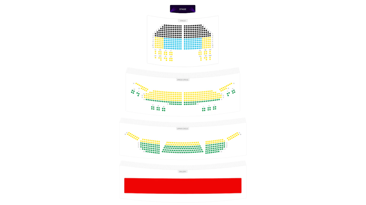 Seating chart for a theater with stalls, dress circle, upper circle, and gallery sections.