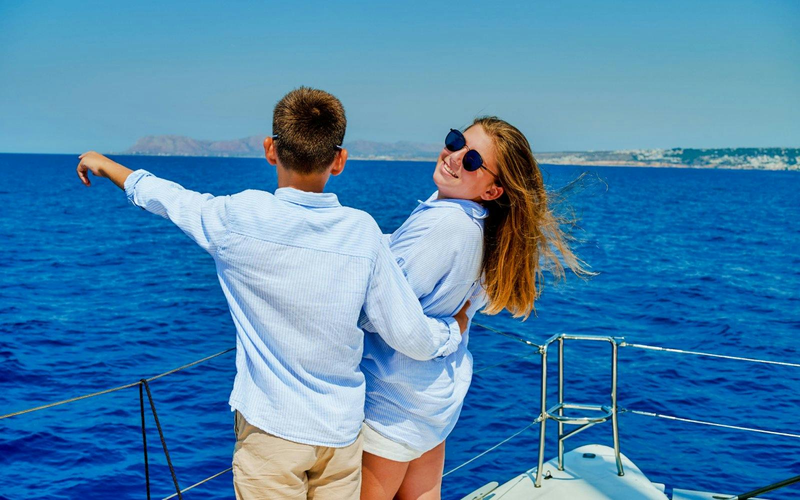Guests enjoying views on catamaran cruise from Ierapetra to Chrissi Island.