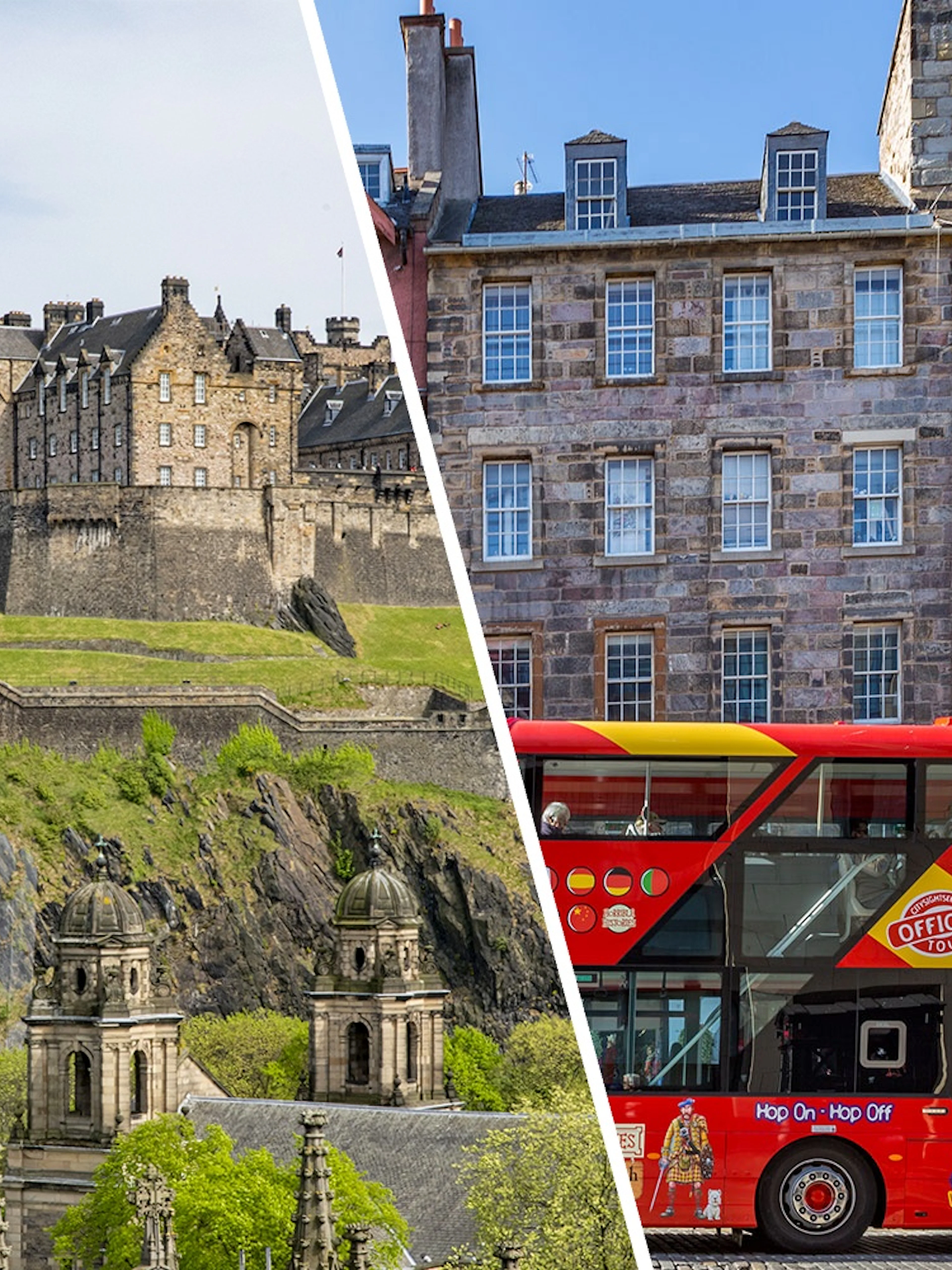 Edinburgh Castle on Castle Rock with lush greenery and a red HOHO sightseeing bus in Scotland.