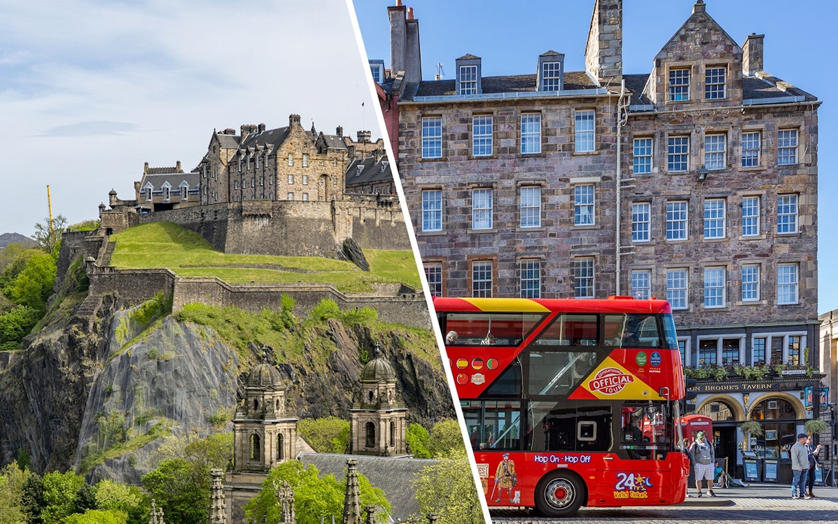 Edinburgh Castle on Castle Rock with lush greenery and a red HOHO sightseeing bus in Scotland.