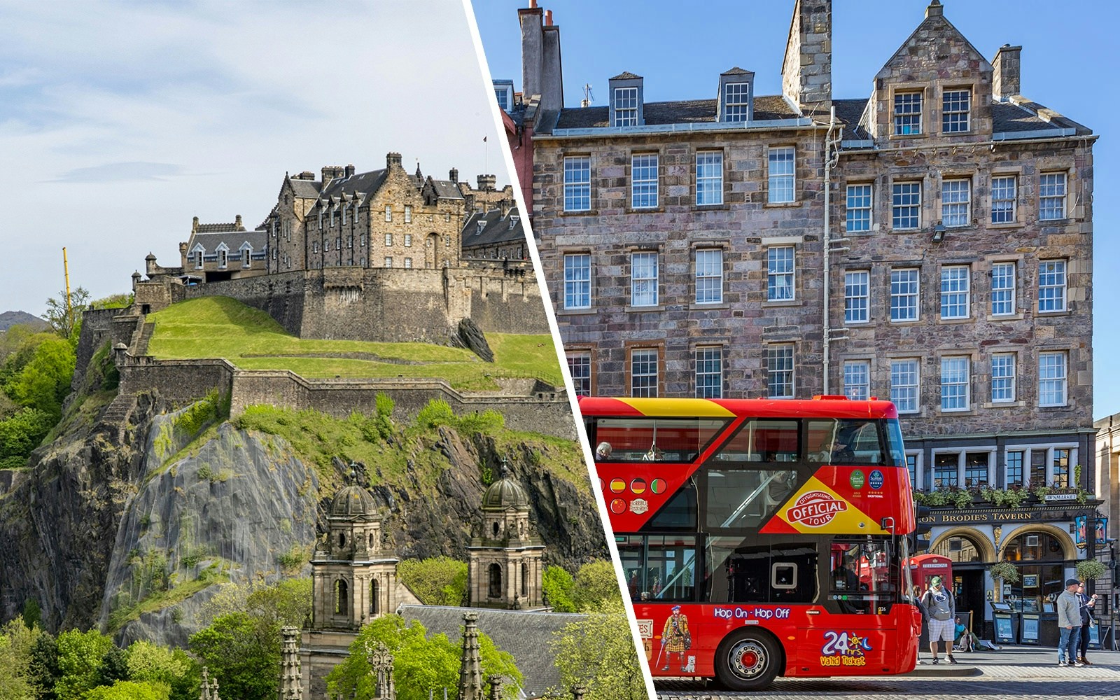 Edinburgh Castle on Castle Rock with lush greenery and a red HOHO sightseeing bus in Scotland.