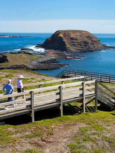 Boardwalk overlooking ocean and rock formations on Phillip Island tour.
