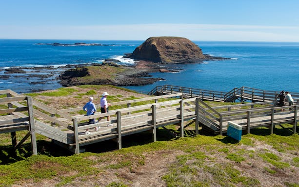 Boardwalk overlooking ocean and rock formations on Phillip Island tour.