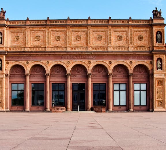 Exterior of Hamburger Kunsthalle with ornate facade and arched windows in Hamburg, Germany.