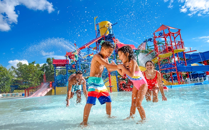 Children playing in water at Joker Soaker, Legoland Florida Water Park.