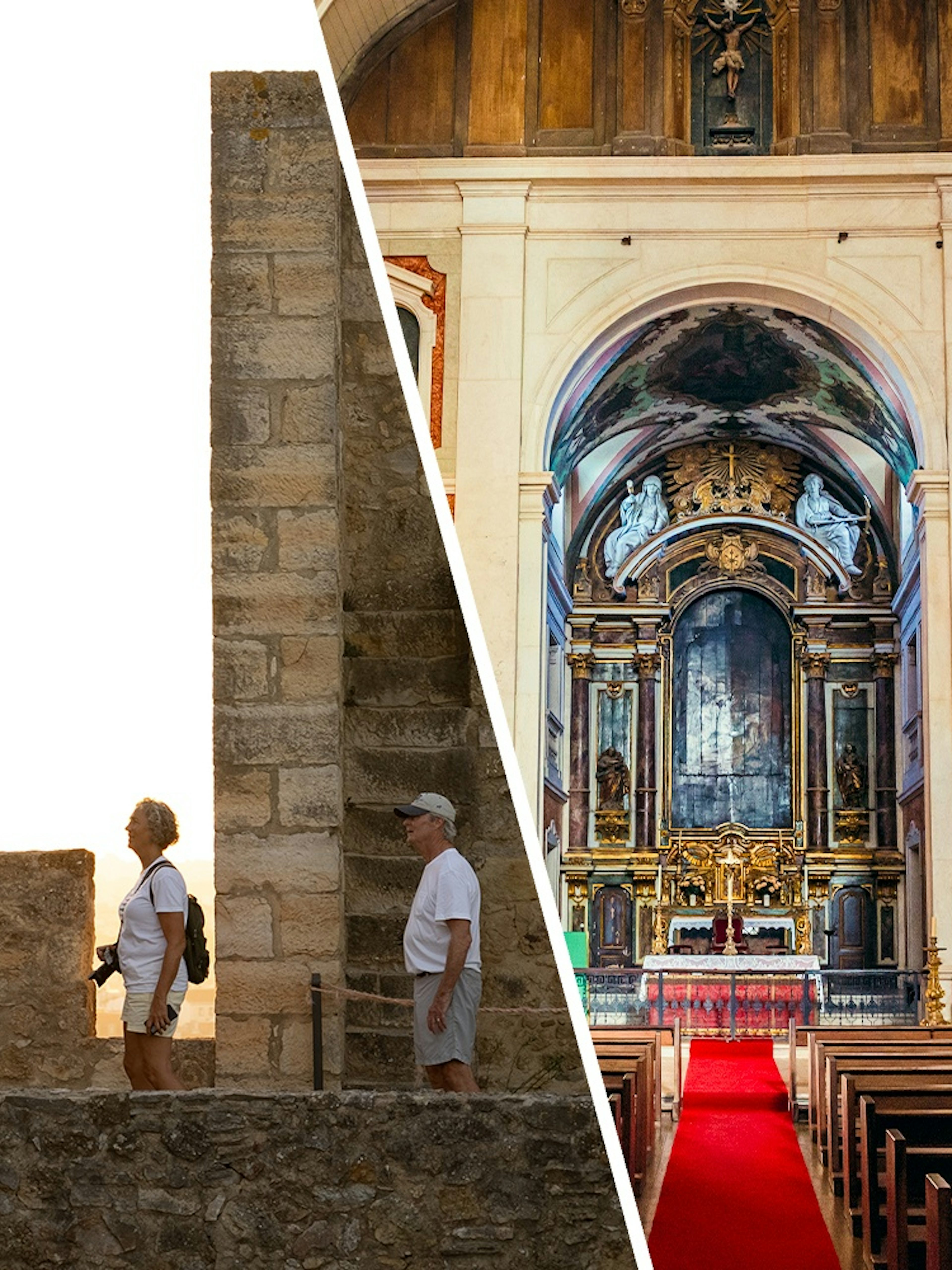 São Jorge Castle visitors and interior of church tower in Lisbon.