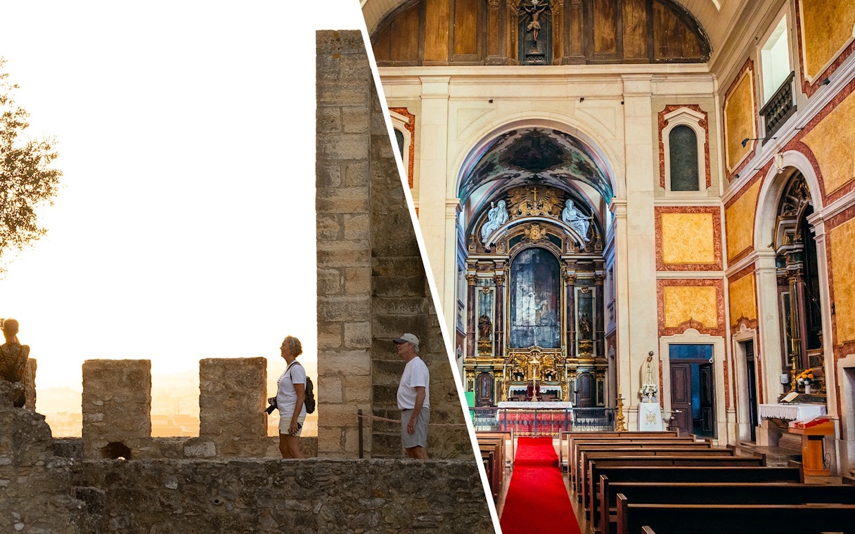 São Jorge Castle visitors and interior of church tower in Lisbon.