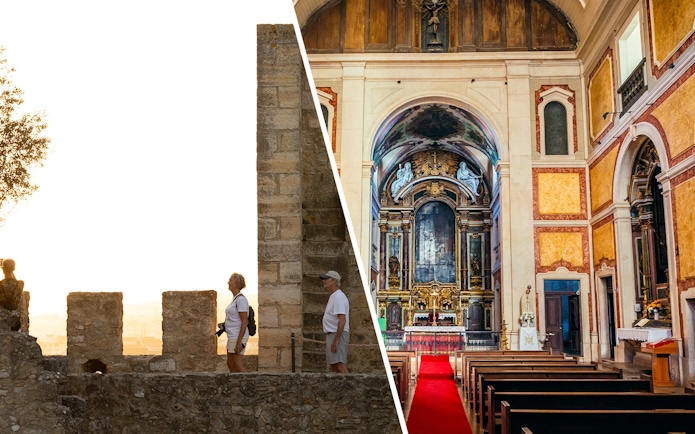 São Jorge Castle visitors and interior of church tower in Lisbon.