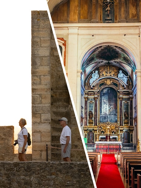São Jorge Castle visitors and interior of church tower in Lisbon.