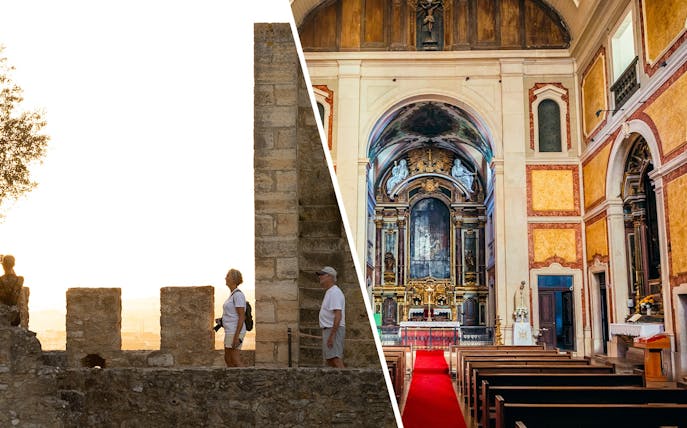 São Jorge Castle visitors and interior of church tower in Lisbon.