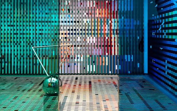 Centre Pompidou modern art installation with colorful geometric patterns, Paris.