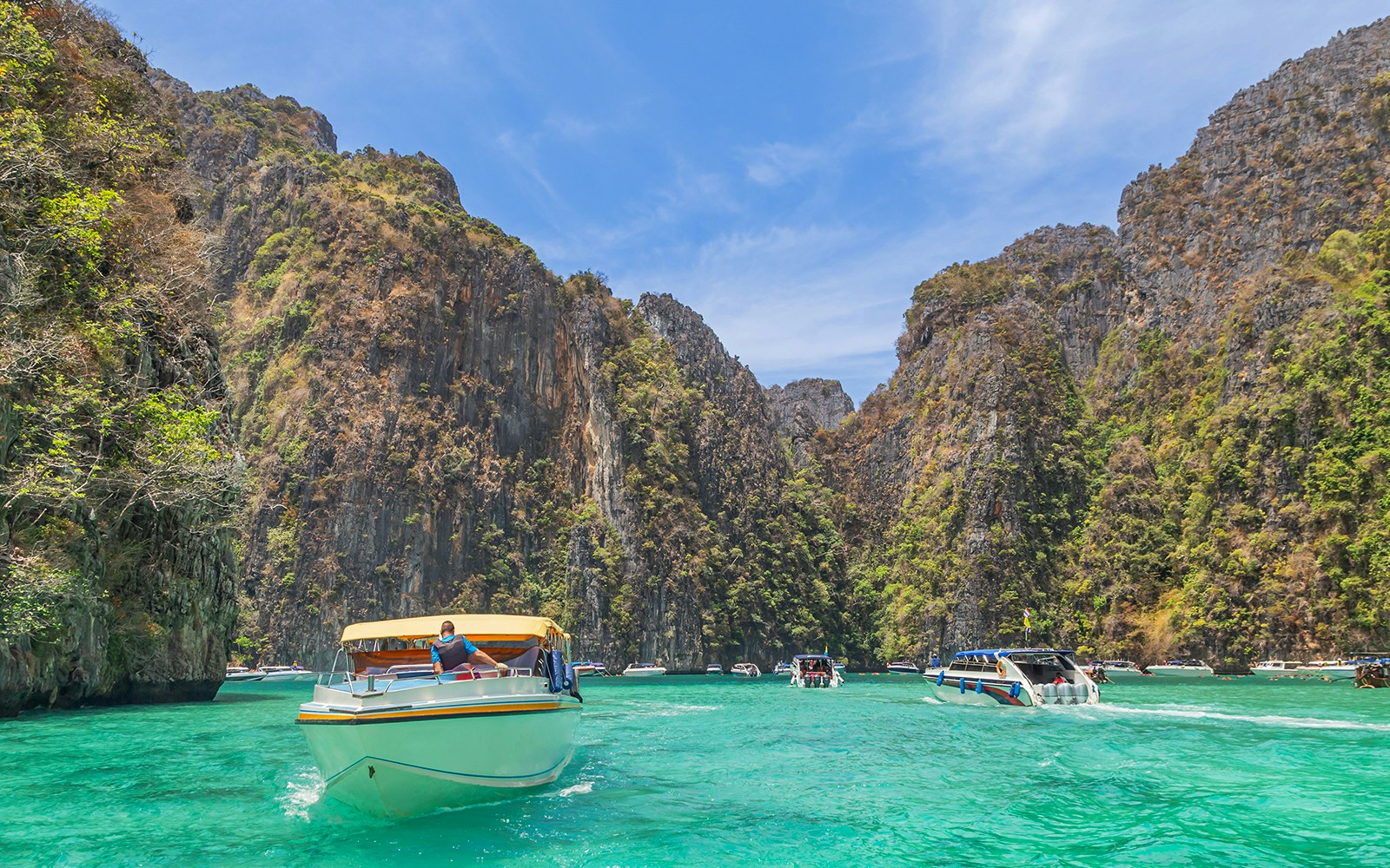 Landscape view of Pileh bay is blue lagoon with beautiful limestone rock at maya beach