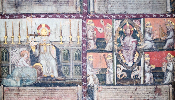 Medieval mural depicting a coronation scene at Westminster Abbey.