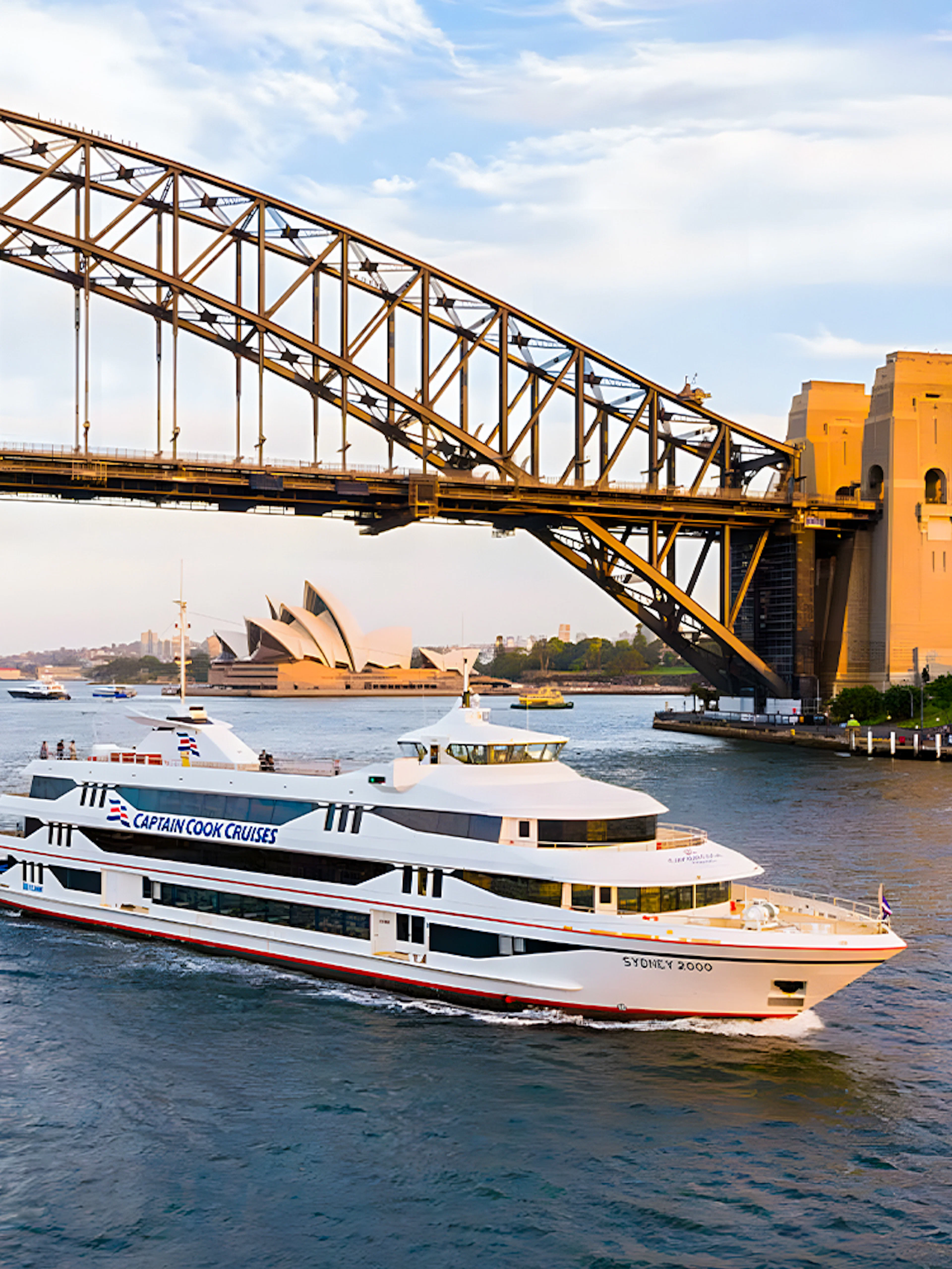Cruise ship on Sydney Harbour near Sydney Opera House and Harbour Bridge.