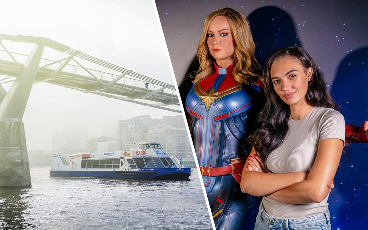 Guest with Captain Marvel figure at Marvel Hall of Heroes, Madame Tussauds London.