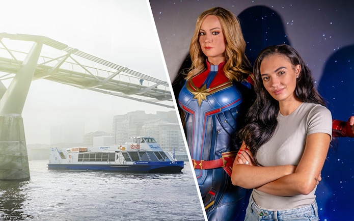 Guest with Captain Marvel figure at Marvel Hall of Heroes, Madame Tussauds London.