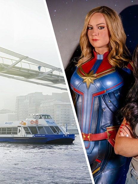 Guest with Captain Marvel figure at Marvel Hall of Heroes, Madame Tussauds London.