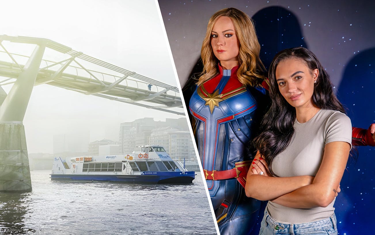 Guest with Captain Marvel figure at Marvel Hall of Heroes, Madame Tussauds London.