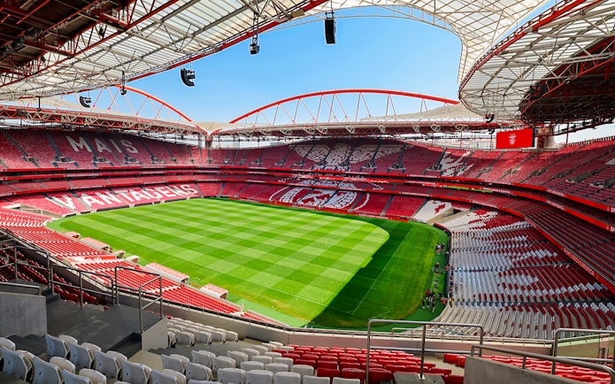 Benfica Stadium view from spectator stand showing green field and red seating.