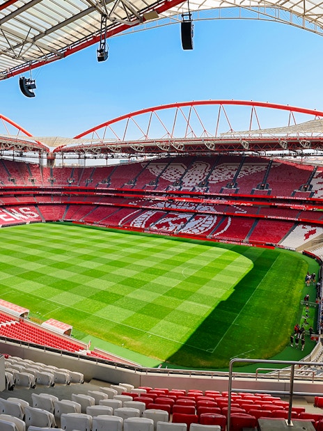Benfica Stadium view from spectator stand showing green field and red seating.