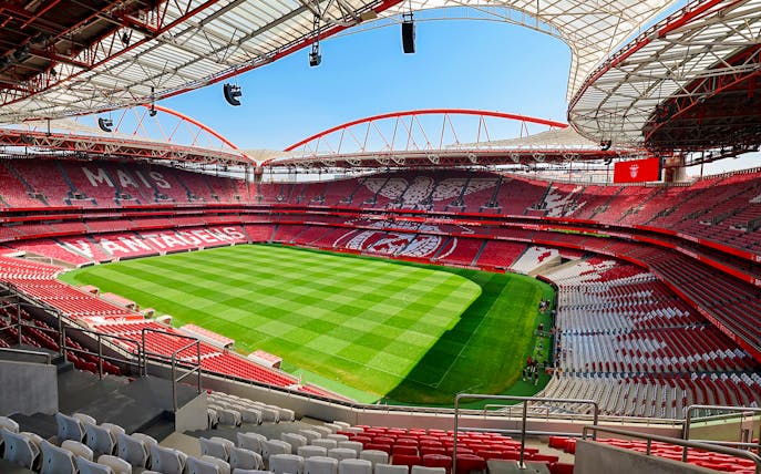 Benfica Stadium view from spectator stand showing green field and red seating.
