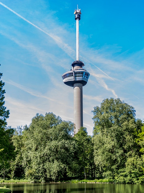 Public park with trees around a pond and Euromast tower in Rotterdam.
