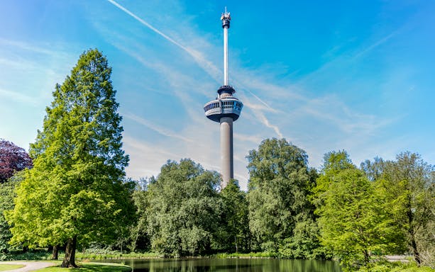 Public park with trees around a pond and Euromast tower in Rotterdam.