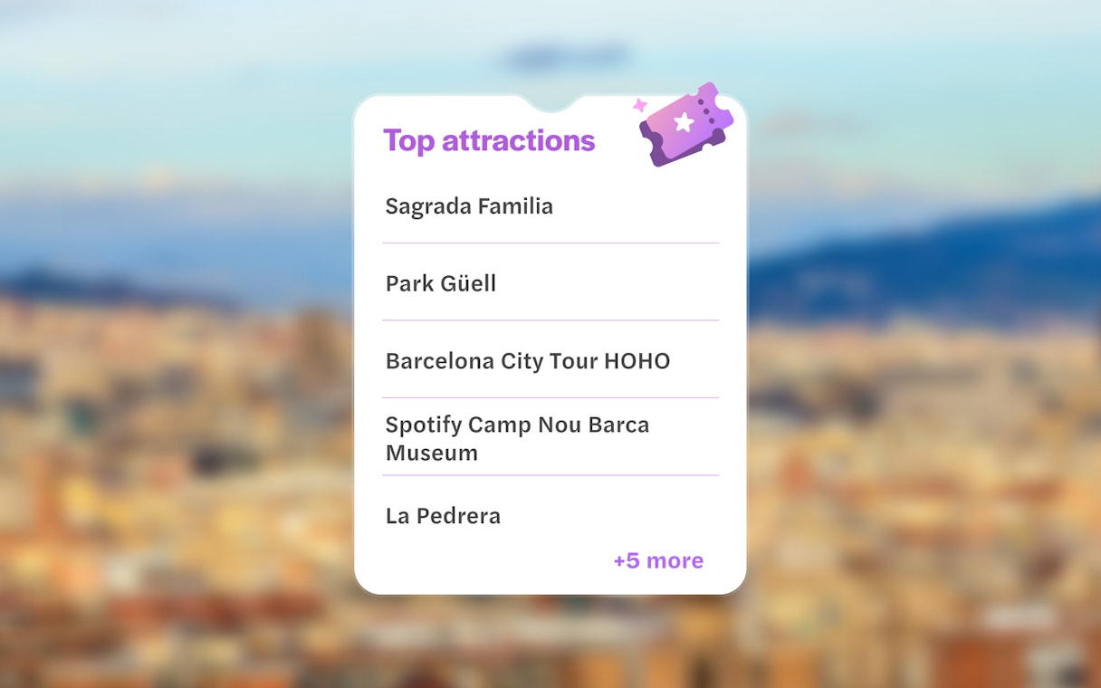 Barcelona attractions list with blurred city view from Montjuic, Catalonia, Spain.