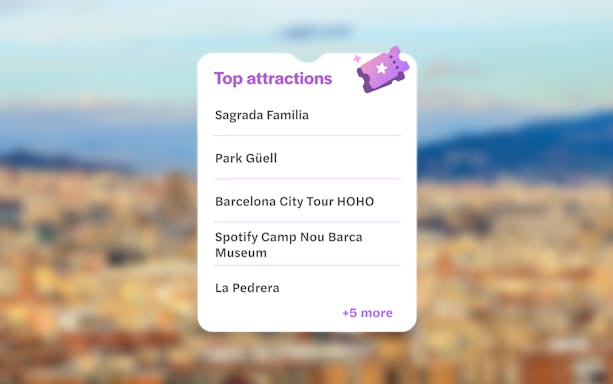 Barcelona attractions list with blurred city view from Montjuic, Catalonia, Spain.