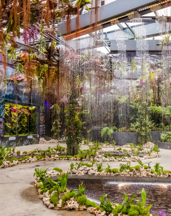 Indoor garden with hanging plants and water features at Floral Fantasy, Singapore.