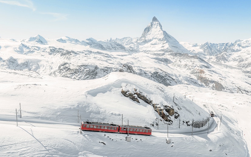Train traveling from Zermatt to Mount Gornergrat with Matterhorn in the background.