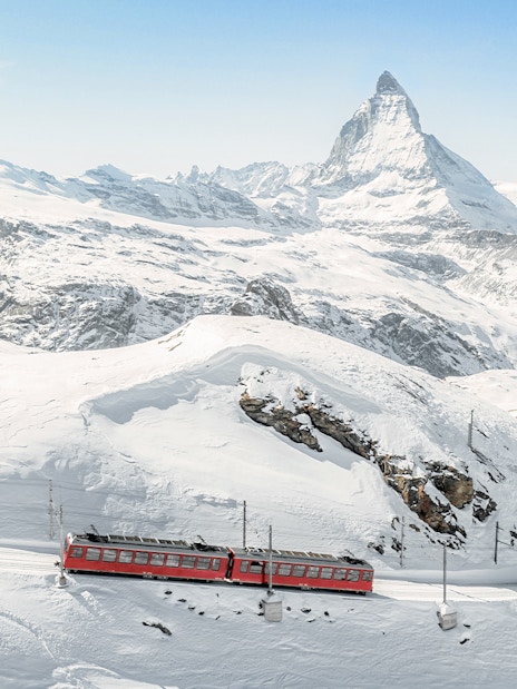 Train traveling from Zermatt to Mount Gornergrat with Matterhorn in the background.