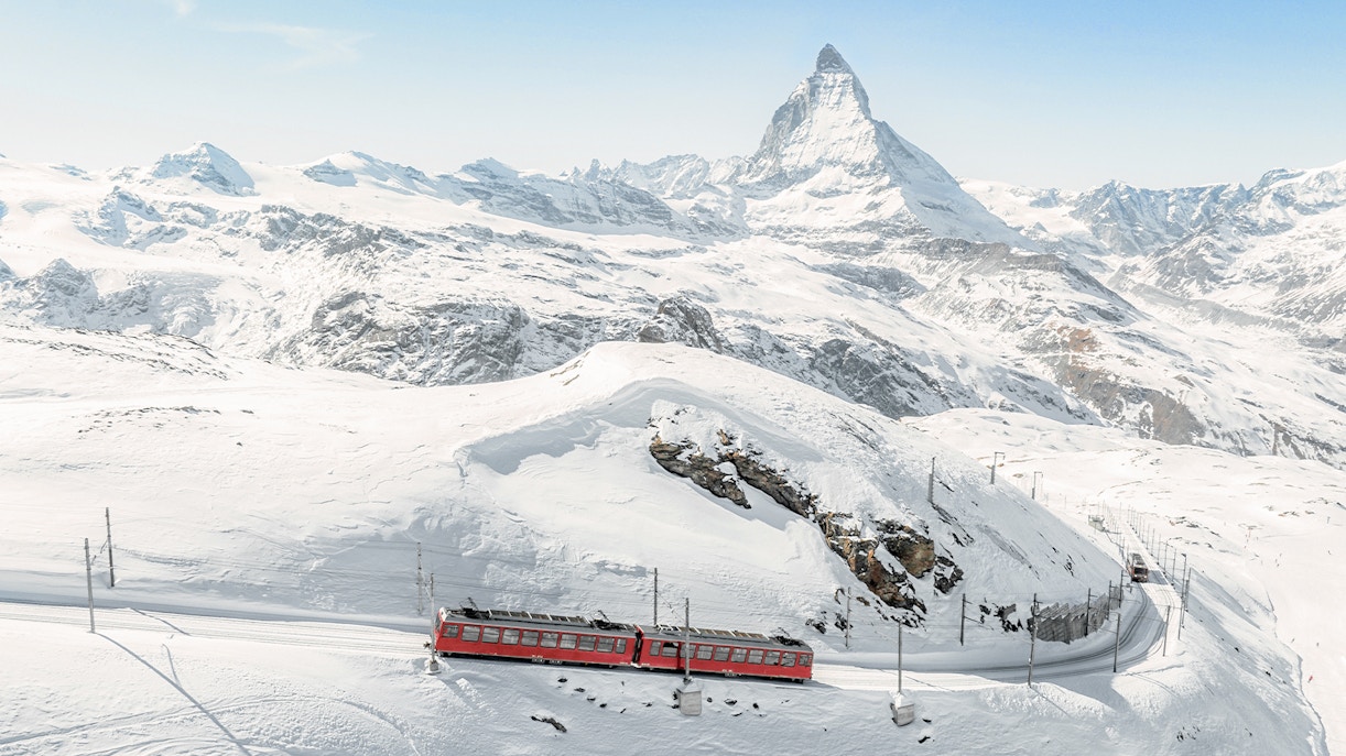 Train traveling from Zermatt to Mount Gornergrat with Matterhorn in the background.