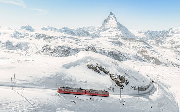 Train traveling from Zermatt to Mount Gornergrat with Matterhorn in the background.