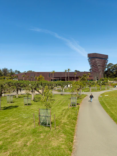 Pathway leading to the de Young Museum in San Francisco with trees and a clear sky.