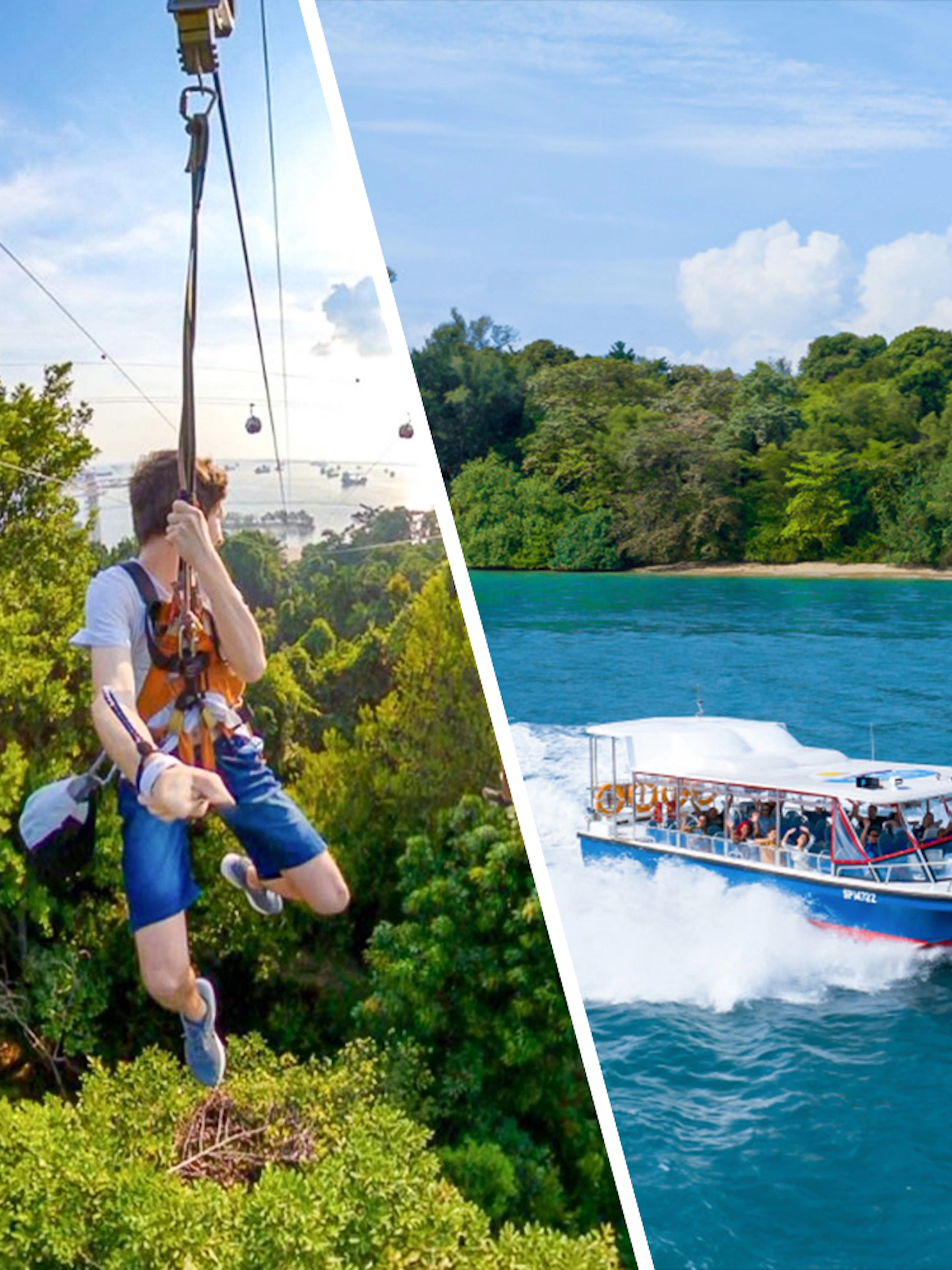 Ziplining over lush greenery and a boat tour near Singapore's coastline.