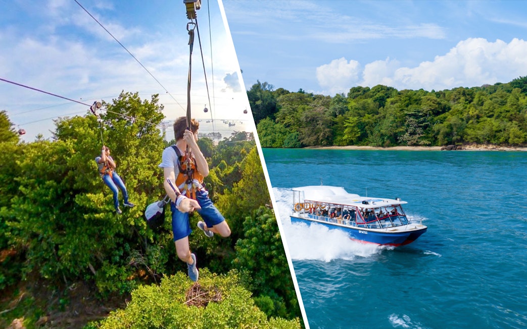 Ziplining over lush greenery and a boat tour near Singapore's coastline.
