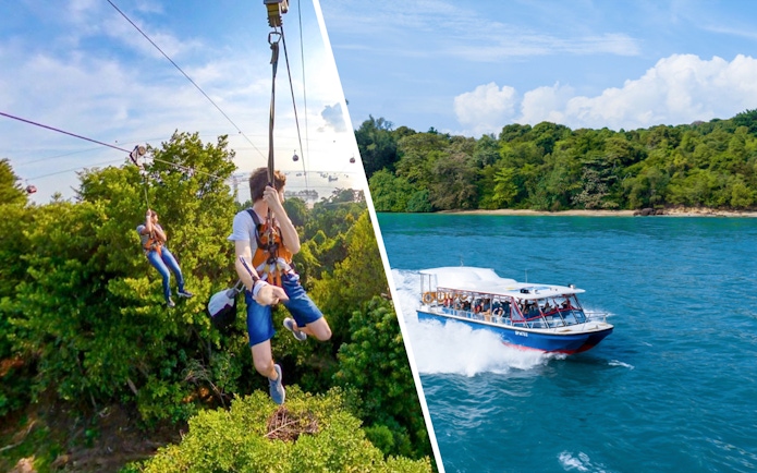 Ziplining over lush greenery and a boat tour near Singapore's coastline.