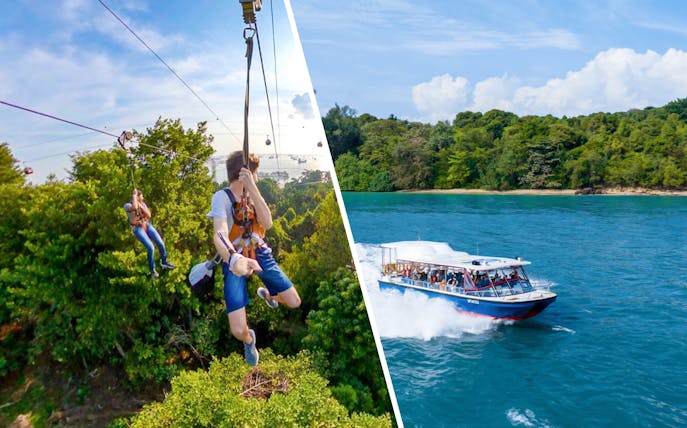 Ziplining over lush greenery and a boat tour near Singapore's coastline.